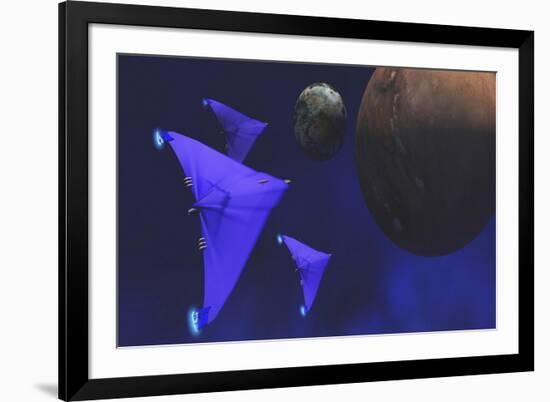 Spaceships Fly Through Space to Investigate an Alien Planet and its Moon-null-Framed Art Print