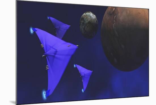 Spaceships Fly Through Space to Investigate an Alien Planet and its Moon-null-Mounted Art Print