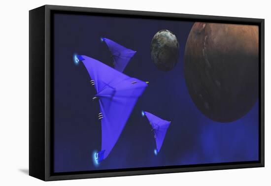 Spaceships Fly Through Space to Investigate an Alien Planet and its Moon-null-Framed Stretched Canvas