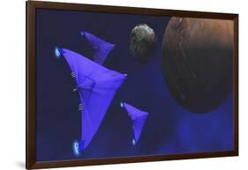 Spaceships Fly Through Space to Investigate an Alien Planet and its Moon-null-Framed Art Print