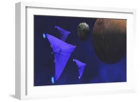 Spaceships Fly Through Space to Investigate an Alien Planet and its Moon-null-Framed Premium Giclee Print