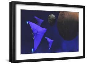 Spaceships Fly Through Space to Investigate an Alien Planet and its Moon-null-Framed Art Print