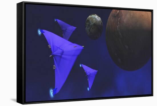 Spaceships Fly Through Space to Investigate an Alien Planet and its Moon-null-Framed Stretched Canvas