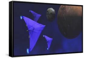 Spaceships Fly Through Space to Investigate an Alien Planet and its Moon-null-Framed Stretched Canvas