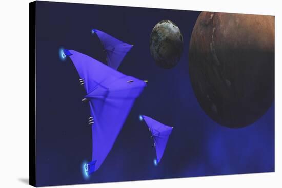 Spaceships Fly Through Space to Investigate an Alien Planet and its Moon-null-Stretched Canvas