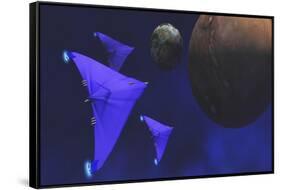 Spaceships Fly Through Space to Investigate an Alien Planet and its Moon-null-Framed Stretched Canvas