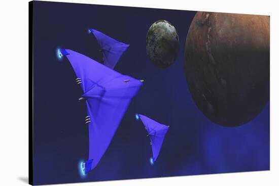 Spaceships Fly Through Space to Investigate an Alien Planet and its Moon-null-Stretched Canvas