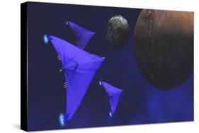 Spaceships Fly Through Space to Investigate an Alien Planet and its Moon-null-Stretched Canvas