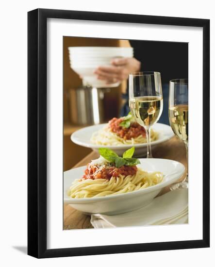 Spaghetti Bolognese and White Wine for Two on Table-null-Framed Photographic Print