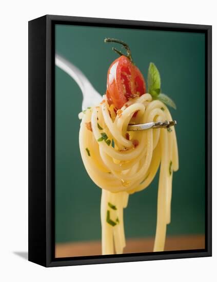 Spaghetti with Cherry Tomato on Fork-null-Framed Stretched Canvas