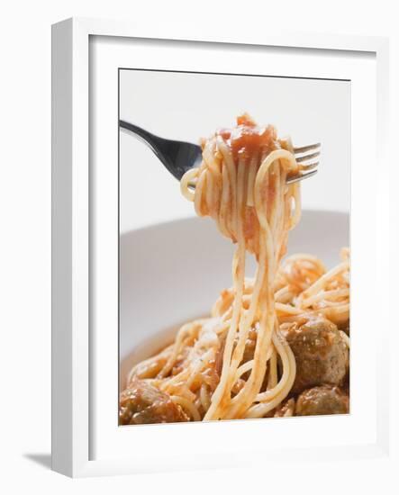 Spaghetti with Meatballs and Tomato Sauce on Fork-null-Framed Photographic Print