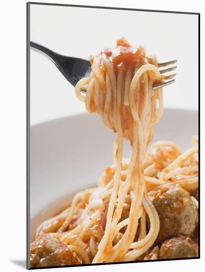 Spaghetti with Meatballs and Tomato Sauce on Fork-null-Mounted Photographic Print