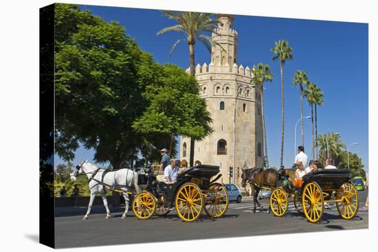 Spain, Andalusia, Seville, Arabian Tower, Torre Del Oro, Horse-Drawn Carriages-Chris Seba-Stretched Canvas