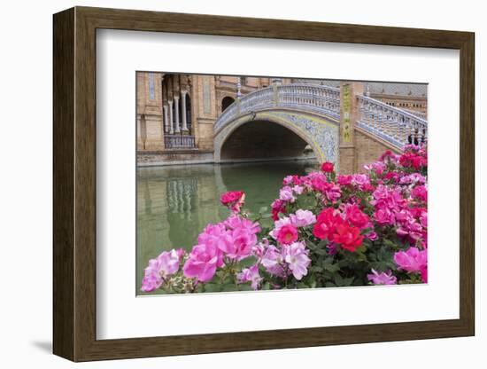 Spain, Andalusia, Seville. Plaza de Espana, ornate bridge with flowers.-Brenda Tharp-Framed Photographic Print