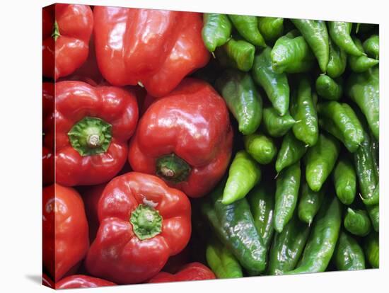 Spain, Barcelona, the Ramblas, la Boqueria Market, Vegetable Shop Display of Peppers-Steve Vidler-Stretched Canvas