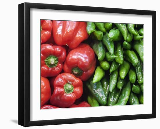 Spain, Barcelona, the Ramblas, la Boqueria Market, Vegetable Shop Display of Peppers-Steve Vidler-Framed Photographic Print