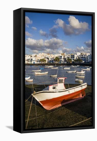 Spain, Canary Islands, Lanzarote, Arecife, Charco De San Gines, Fishing Boats, Dawn-Walter Bibikow-Framed Stretched Canvas