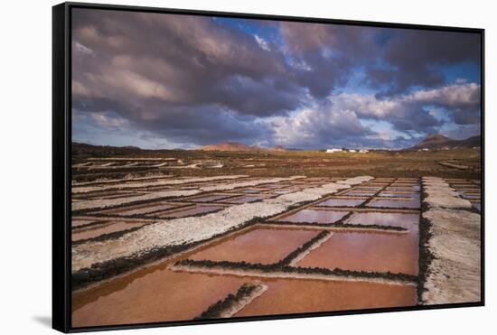 Spain, Canary Islands, Lanzarote, El Golfo, Salinas De Janubio, Salt Evaporation Pans, Sunset-Walter Bibikow-Framed Stretched Canvas