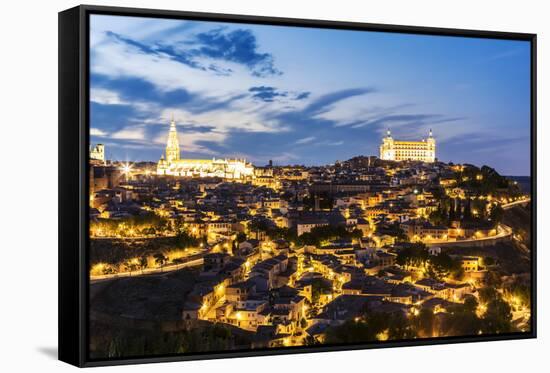 Spain, Castile–La Mancha, Toledo. City with the Cathedral and the Alcazar at Dusk-Matteo Colombo-Framed Stretched Canvas