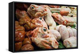 Spain, Catalonia, Barcelona, Market La Boqueria, Meat Section, Fresh Meat-Rainer Mirau-Framed Stretched Canvas