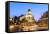 Spain, Madrid. Cityscape at Dusk with Famous Metropolis Building-Matteo Colombo-Framed Stretched Canvas