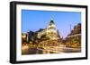 Spain, Madrid. Cityscape at Dusk with Famous Metropolis Building-Matteo Colombo-Framed Photographic Print