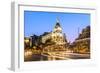 Spain, Madrid. Cityscape at Dusk with Famous Metropolis Building-Matteo Colombo-Framed Photographic Print