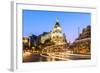 Spain, Madrid. Cityscape at Dusk with Famous Metropolis Building-Matteo Colombo-Framed Photographic Print