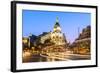 Spain, Madrid. Cityscape at Dusk with Famous Metropolis Building-Matteo Colombo-Framed Photographic Print