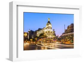 Spain, Madrid. Cityscape at Dusk with Famous Metropolis Building-Matteo Colombo-Framed Photographic Print