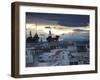 Spain, Madrid, Elevated View of Figures Atop Bbva Building, from the Circulo De Bellas Artes-Walter Bibikow-Framed Photographic Print