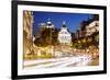 Spain, Madrid. Street View with Metropolis Building and Light Trails-Matteo Colombo-Framed Photographic Print