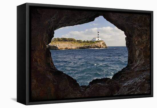 Spain, Mallorca, East Coast, Lighthouse of Portocolom, Punta De S'Homonet, Rock Hole-Rainer Mirau-Framed Stretched Canvas