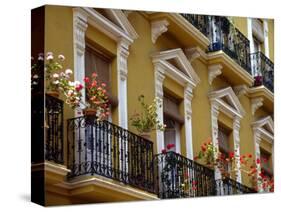 Spain, Sevilla, Andalucia Geraniums hang over iron balconies of traditional houses-Merrill Images-Stretched Canvas