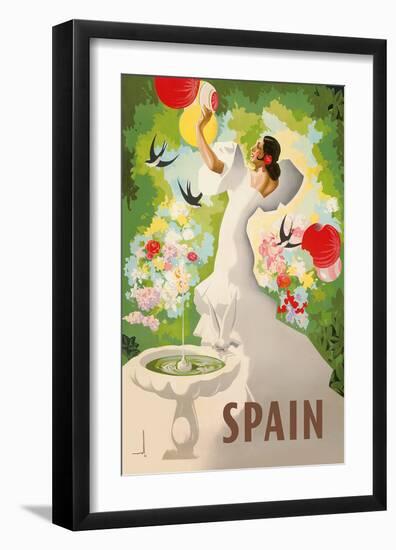 Spain - Spanish Dancer with Fountain and Birds-Marcias José Morell-Framed Art Print
