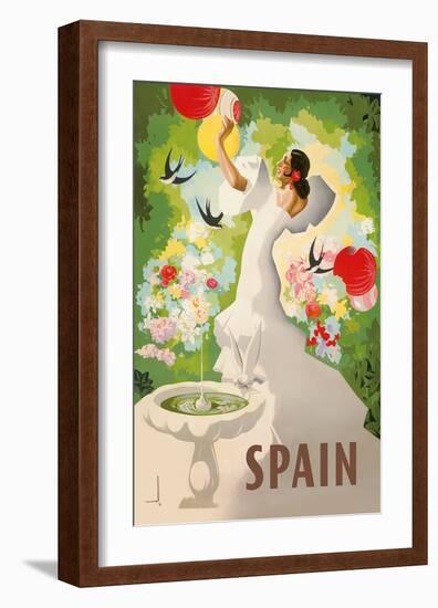 Spain - Spanish Dancer with Fountain and Birds-Marcias José Morell-Framed Art Print