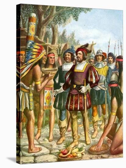 Spaniards Being Welcomed by a Indian Chief Who Offers Them Cakes, Fruit and Wine-Tancredi Scarpelli-Stretched Canvas