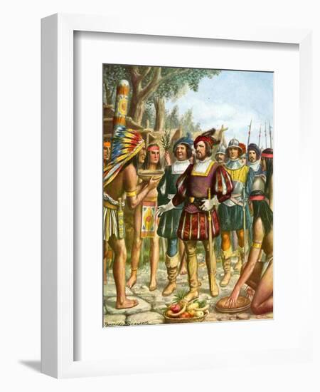 Spaniards Being Welcomed by a Indian Chief Who Offers Them Cakes, Fruit and Wine-Tancredi Scarpelli-Framed Giclee Print