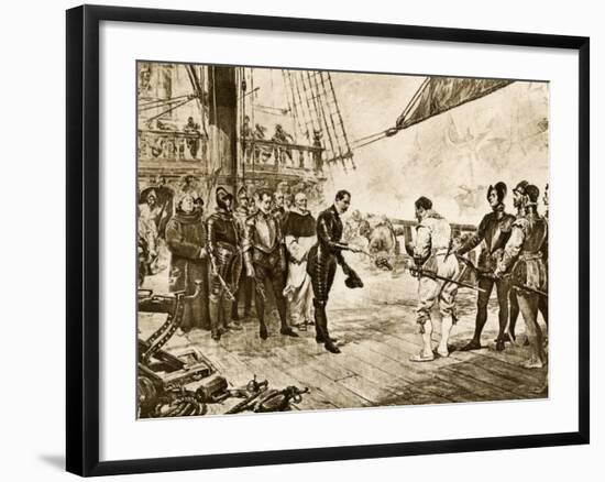 Spanish Armada's Admiral Surrenders His Sword to Francis Drake, c.1588-null-Framed Photographic Print