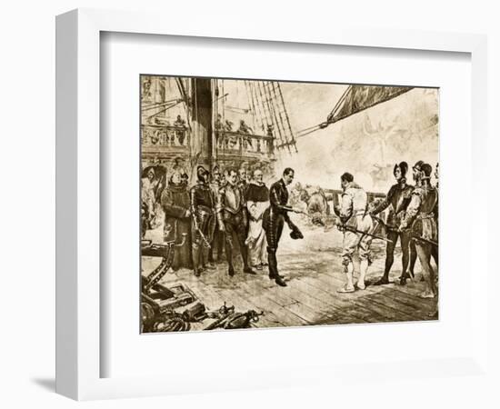 Spanish Armada's Admiral Surrenders His Sword to Francis Drake, c.1588-null-Framed Photographic Print