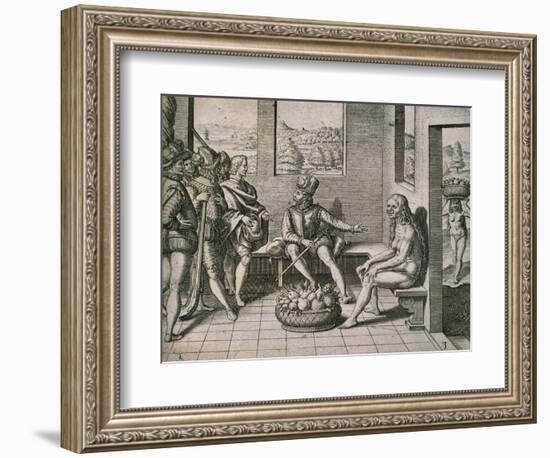 Spanish Conquerors Meeting Native Women in America, 1590-Theodore de Bry-Framed Giclee Print