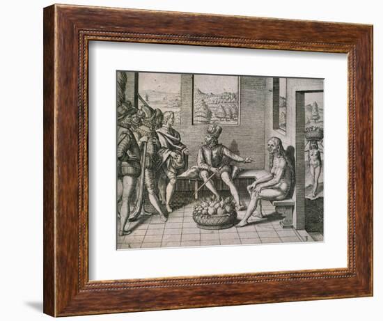 Spanish Conquerors Meeting Native Women in America, 1590-Theodore de Bry-Framed Giclee Print