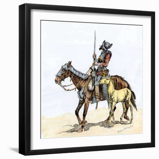 Spanish Conquistador on a Horse with Foal - the Origin of the Horse in Colonial America-null-Framed Giclee Print