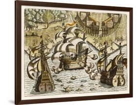 Spanish Galleons Attempt to Ward off Rivals for the New World-Theodor de Bry-Framed Art Print