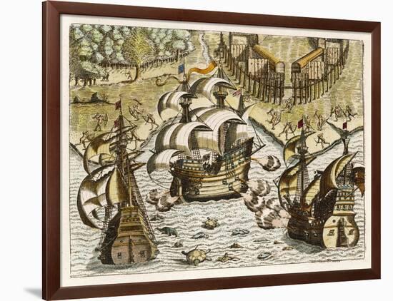 Spanish Galleons Attempt to Ward off Rivals for the New World-Theodor de Bry-Framed Art Print