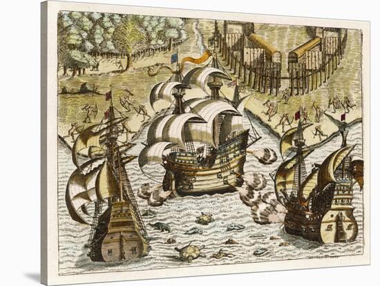 Spanish Galleons Attempt to Ward off Rivals for the New World-Theodor de Bry-Stretched Canvas