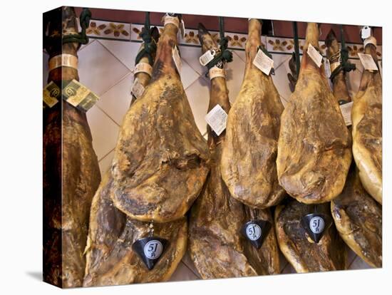 Spanish Hams Hanging in a Restaurant Bodega, Seville, Andalusia, Spain, Europe-Guy Thouvenin-Stretched Canvas
