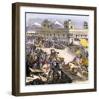 Spanish Invaders Attacked by the Aztecs in Tenochtitlan during la Noche Triste, c.1520-null-Framed Giclee Print