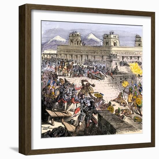 Spanish Invaders Attacked by the Aztecs in Tenochtitlan during la Noche Triste, c.1520-null-Framed Giclee Print