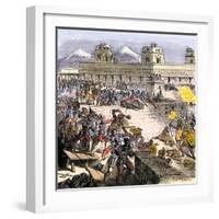 Spanish Invaders Attacked by the Aztecs in Tenochtitlan during la Noche Triste, c.1520-null-Framed Giclee Print